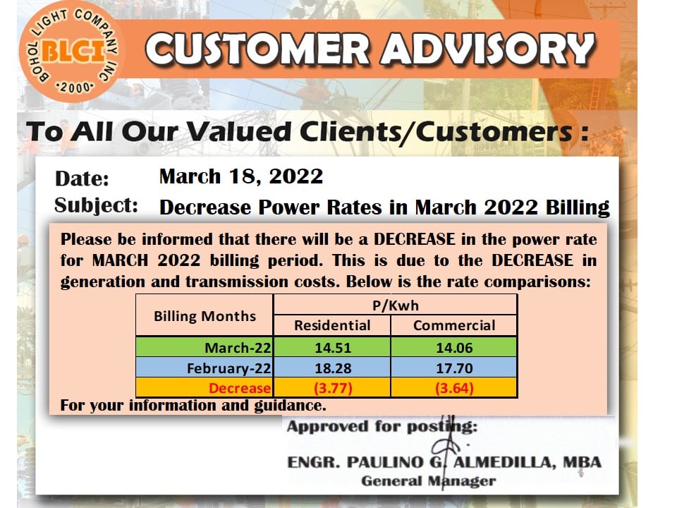 To All Our Valued Clients/Customers: Decrease Power Rates in March 2022 Billing