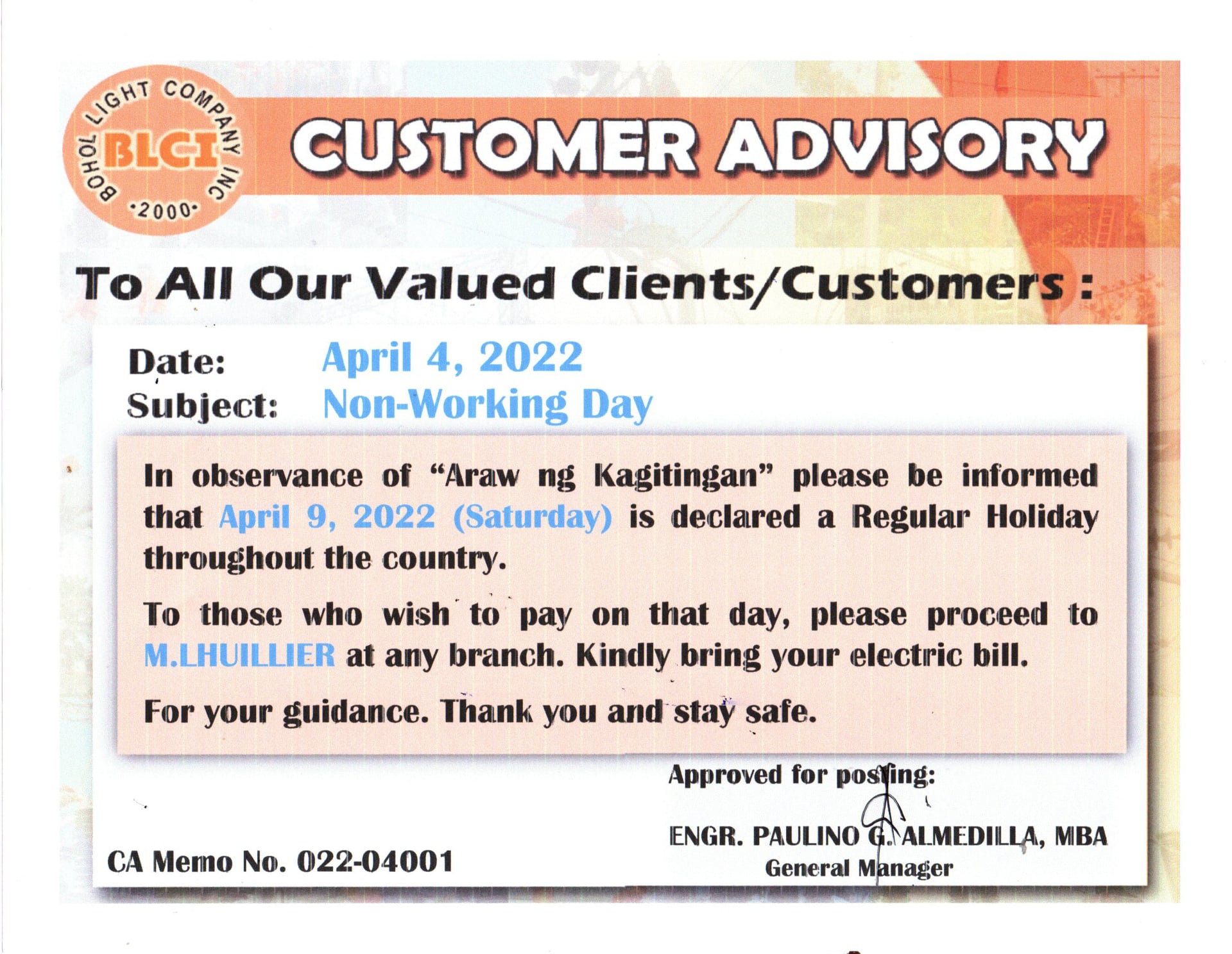 To All Our Valued Clients/Customers: