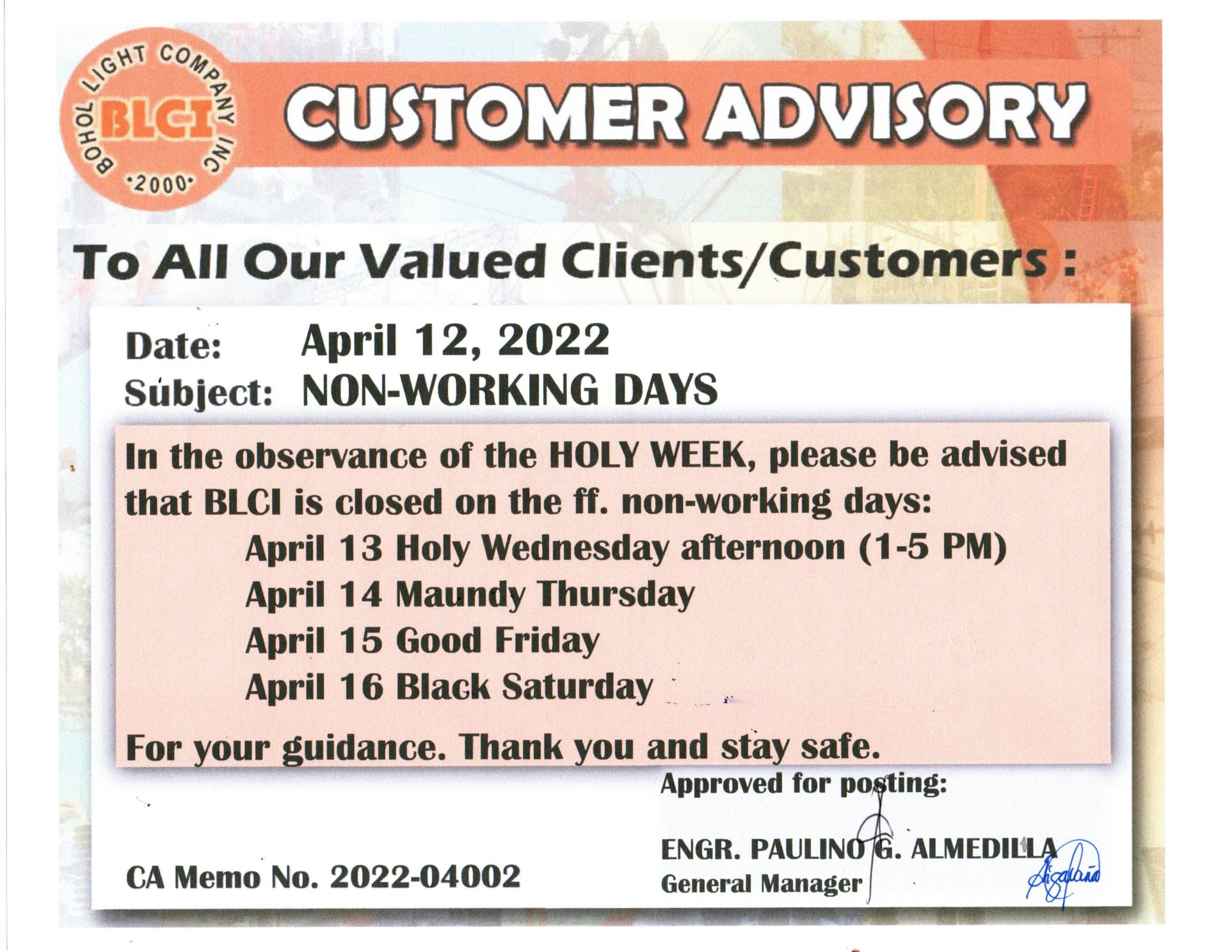 To All Our Valued Clients/Customers: