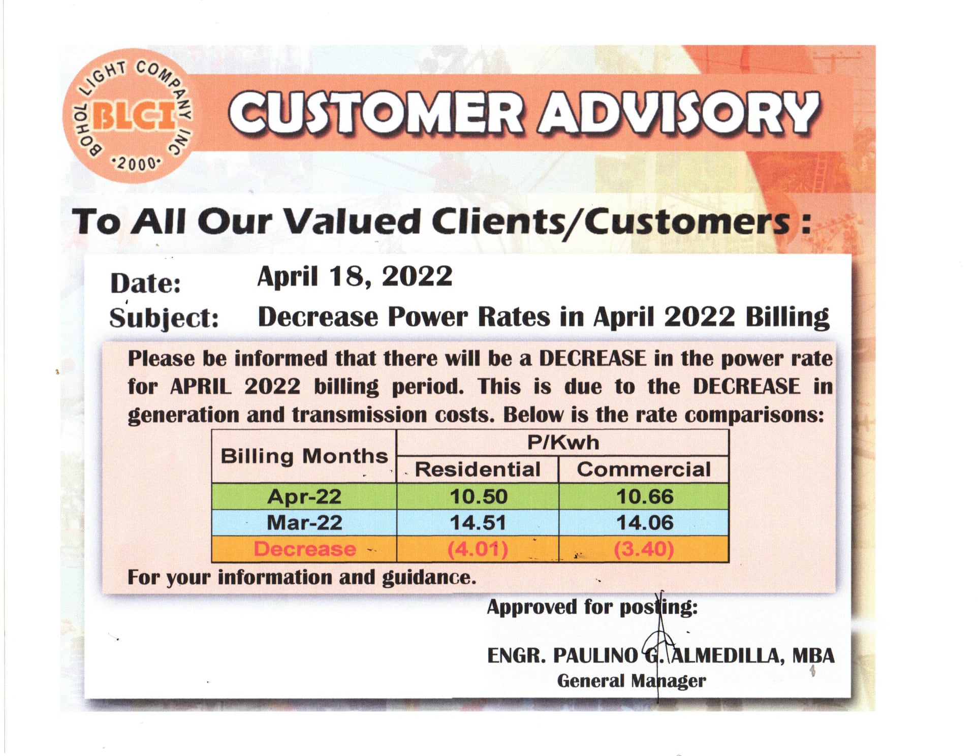 Decrease Power Rates in April 2022 Billing