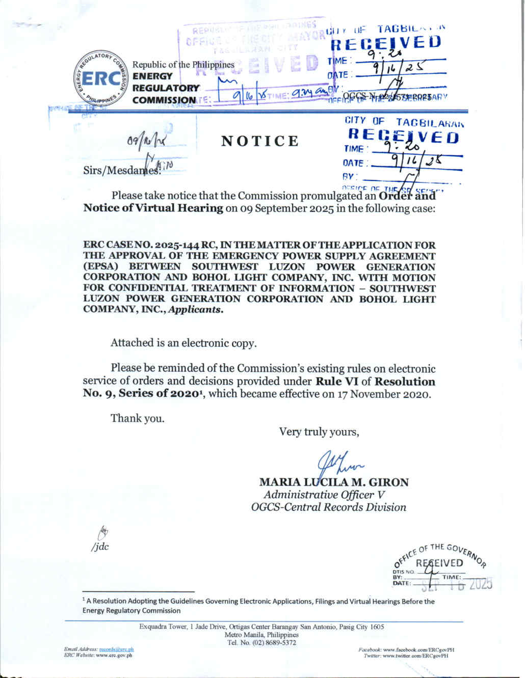 Notice ERC Case No. 2025-144 RC