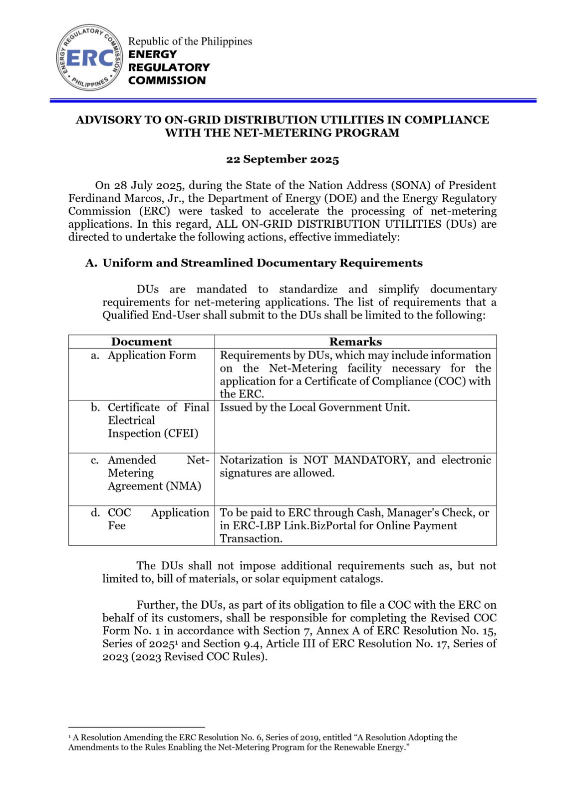 ADVISORY TO ON-GRID DISTRIBUTION UTILITIES IN COMPLIANCE WITH THE NET-METERING PROGRAM