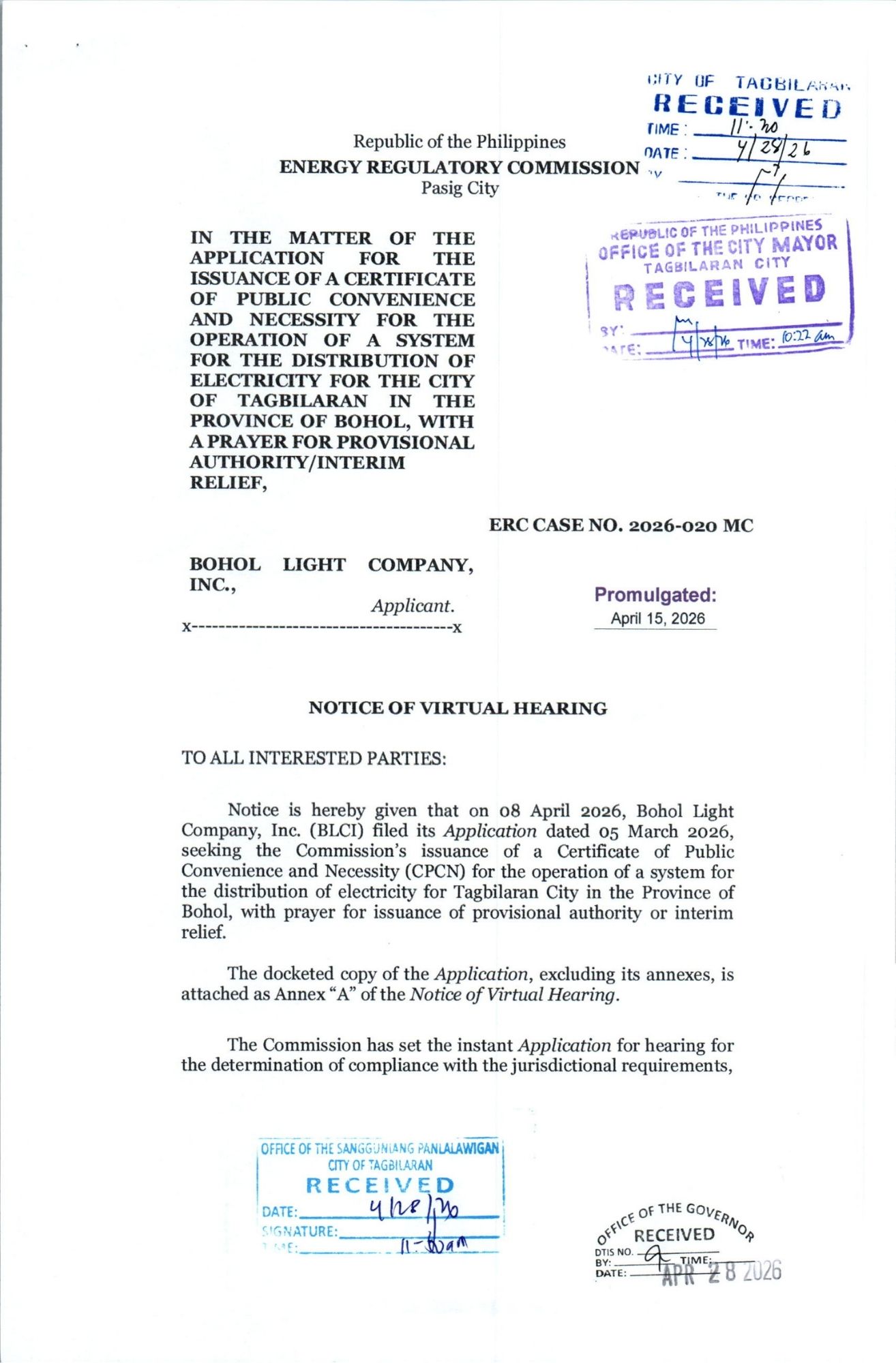 Notice of Virtual Hearing ERC Case No. 2026-020 MC
