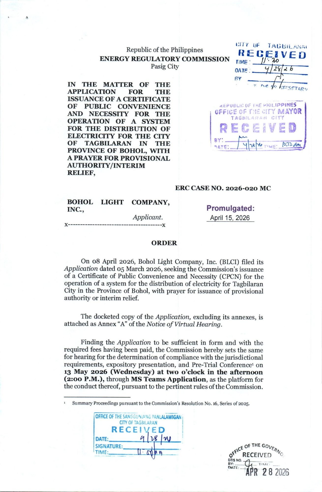 Order ERC Case No. 2026-020 MC