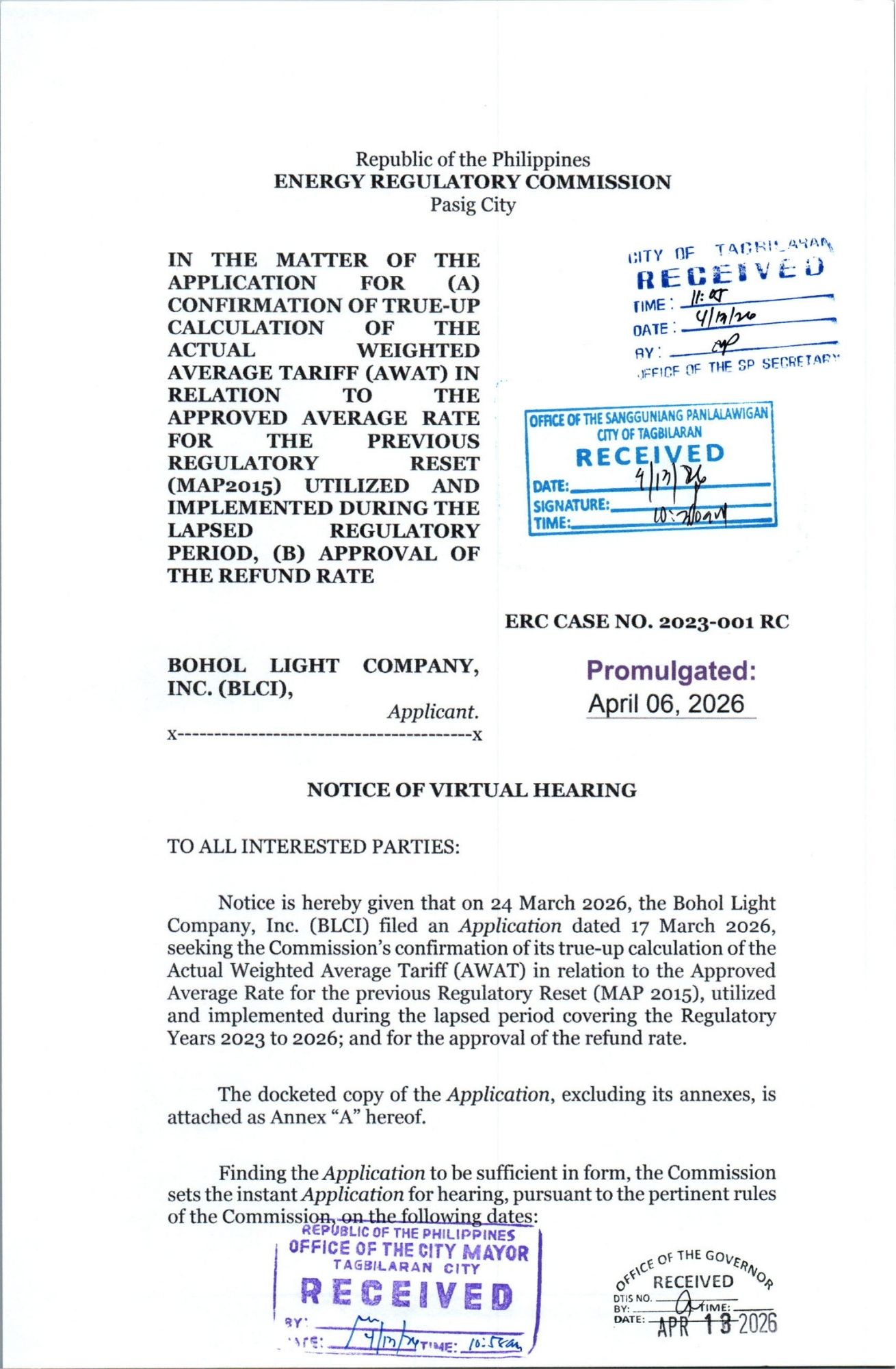Notice of Virtual Hearing ERC Case No. 2023-001 RC